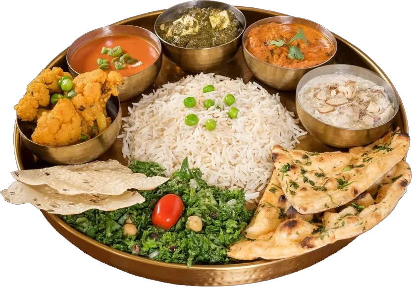 An Indian thali of curries, rice and breads